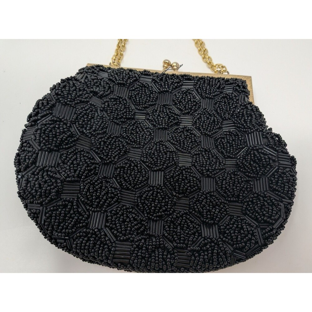 Vintage Black Beaded Evening Bag Handmade Hong Kong Gold Kiss Clasp Old Money - Picture 2 of 9